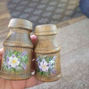 Pair of Vintage Wooden Salt and Pepper Shakers with Hand-Painted Flowers